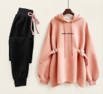 Women's Two-Piece Oversized Hoodie & Cargo Joggers Set - "DUNST OFFICIAL" - Dusty Pink & Black