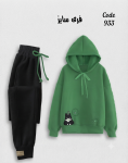 Women's Two-Piece Oversized Hoodie & Joggers Set - Green & Black - "Cat Bow" Graphic