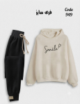 Women's Two-Piece Hoodie & Cargo Joggers Set - "Smile♡" Graphic - Cream & Black